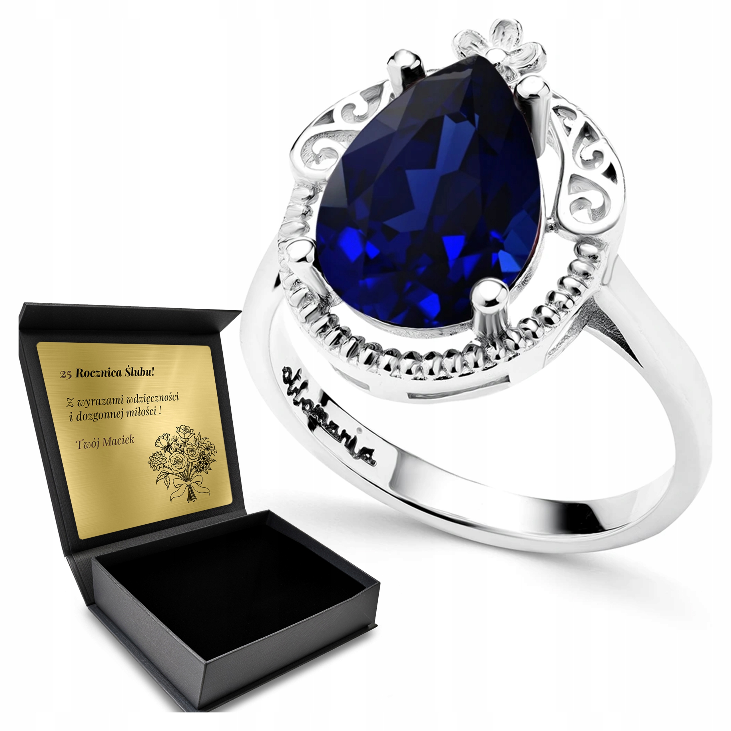 Prstýnek 925 Krásný Safír Dárek k Valentýnu Gravírování Bonus