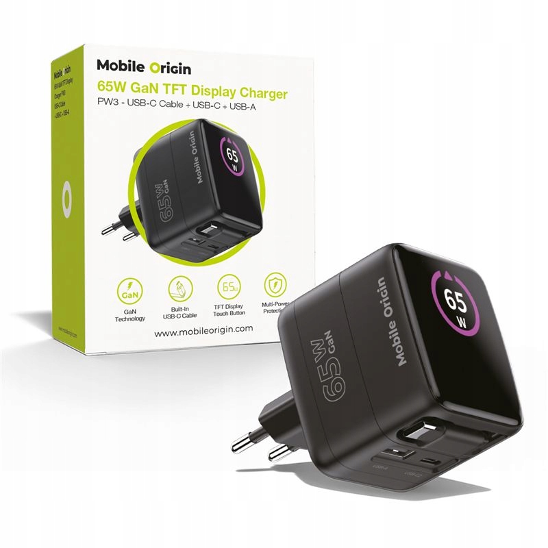 Mobile Origin 65W Nabíječka Displejů Pro Usb-c, Samonavíjecí Kabel 65W Usb-a