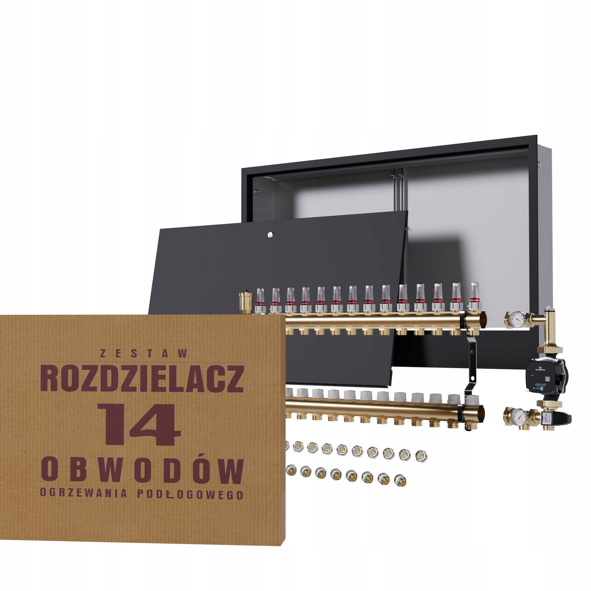 Rozdělovač pro podlahu 14 čerpadlo Grundfos podomítková skříňka černá +pex