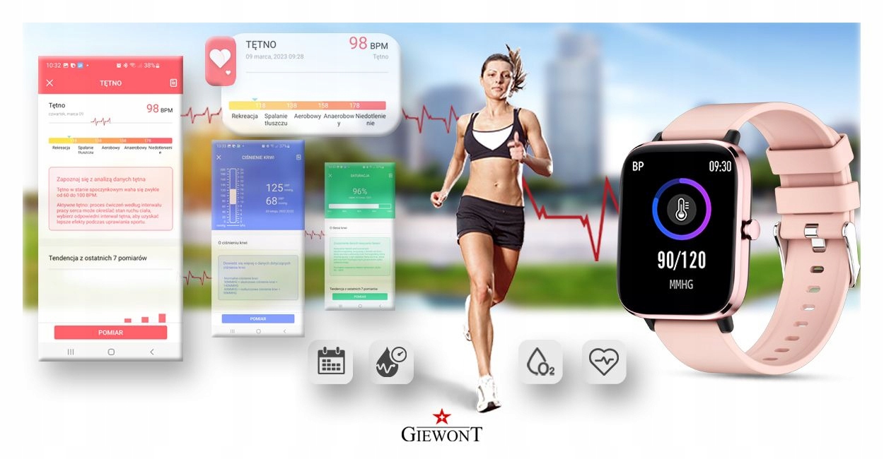 Smartwatch Giewont GW230-1 Różowe Złoto-Różowy Materiał koperty aluminium
