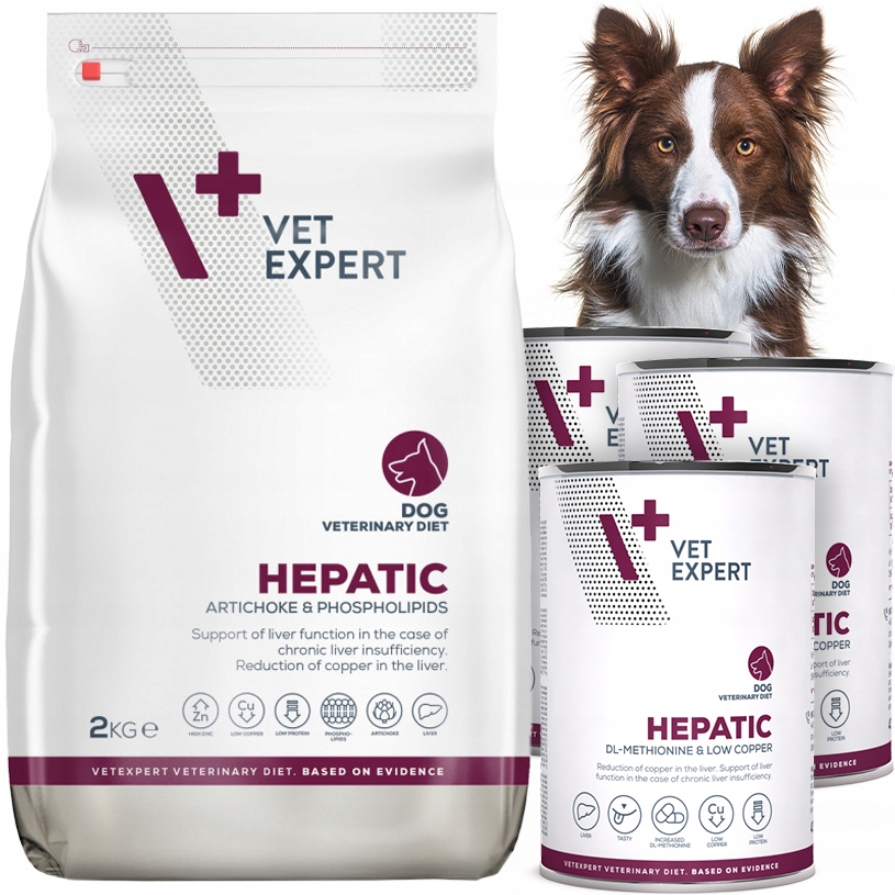 Vet Expert Hepatic Dog zestaw dla psa karmy suchej 2kg i mokrej 3x 400g