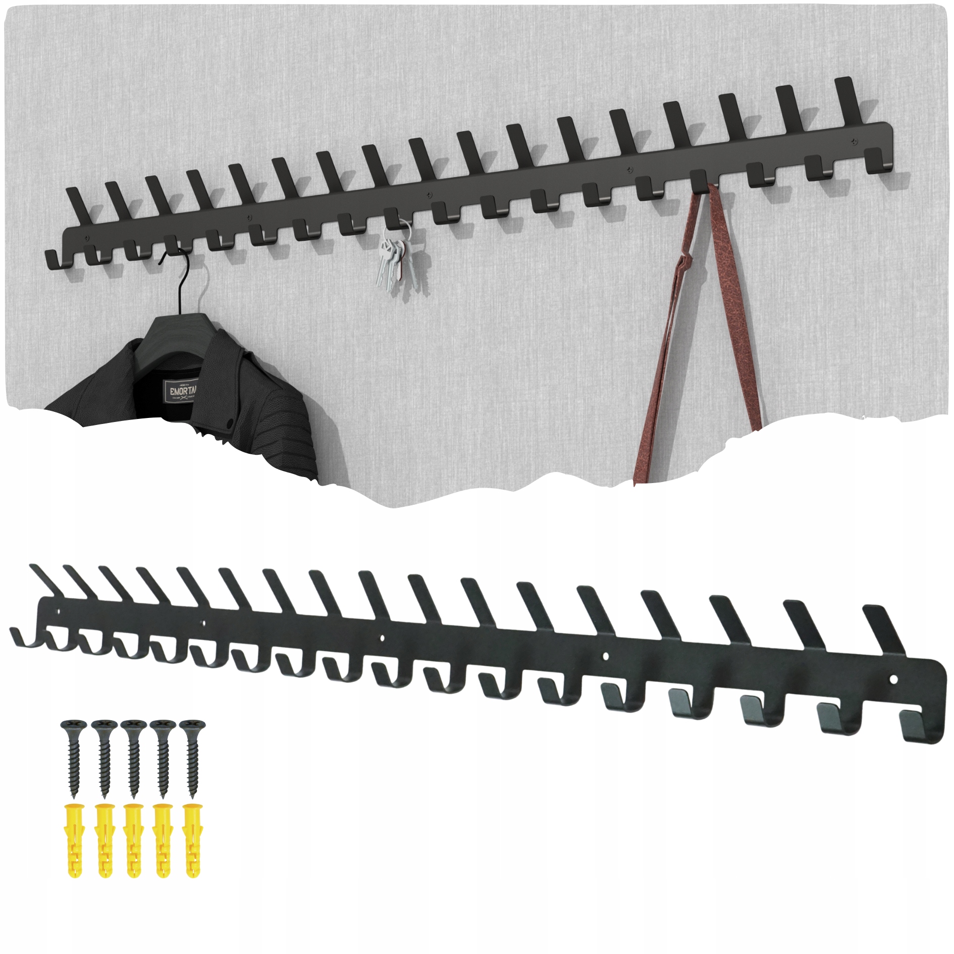 Nástěnný věšák černý s 35 háčky, šroubovací držák na oblečení, loft