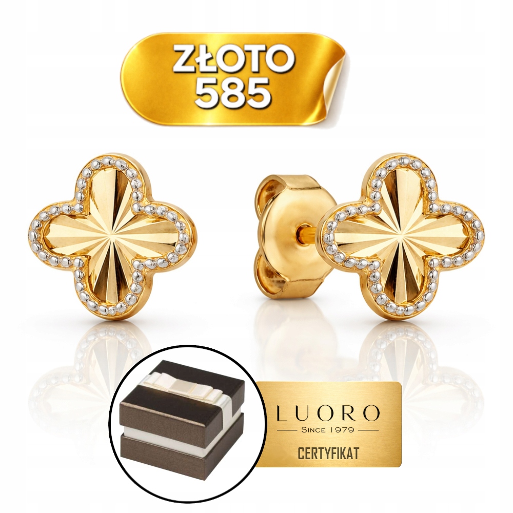 Náušnice Zlaté 585 14K Jetelky Diamantové Bílé Zlato 6 MM Tyčinka