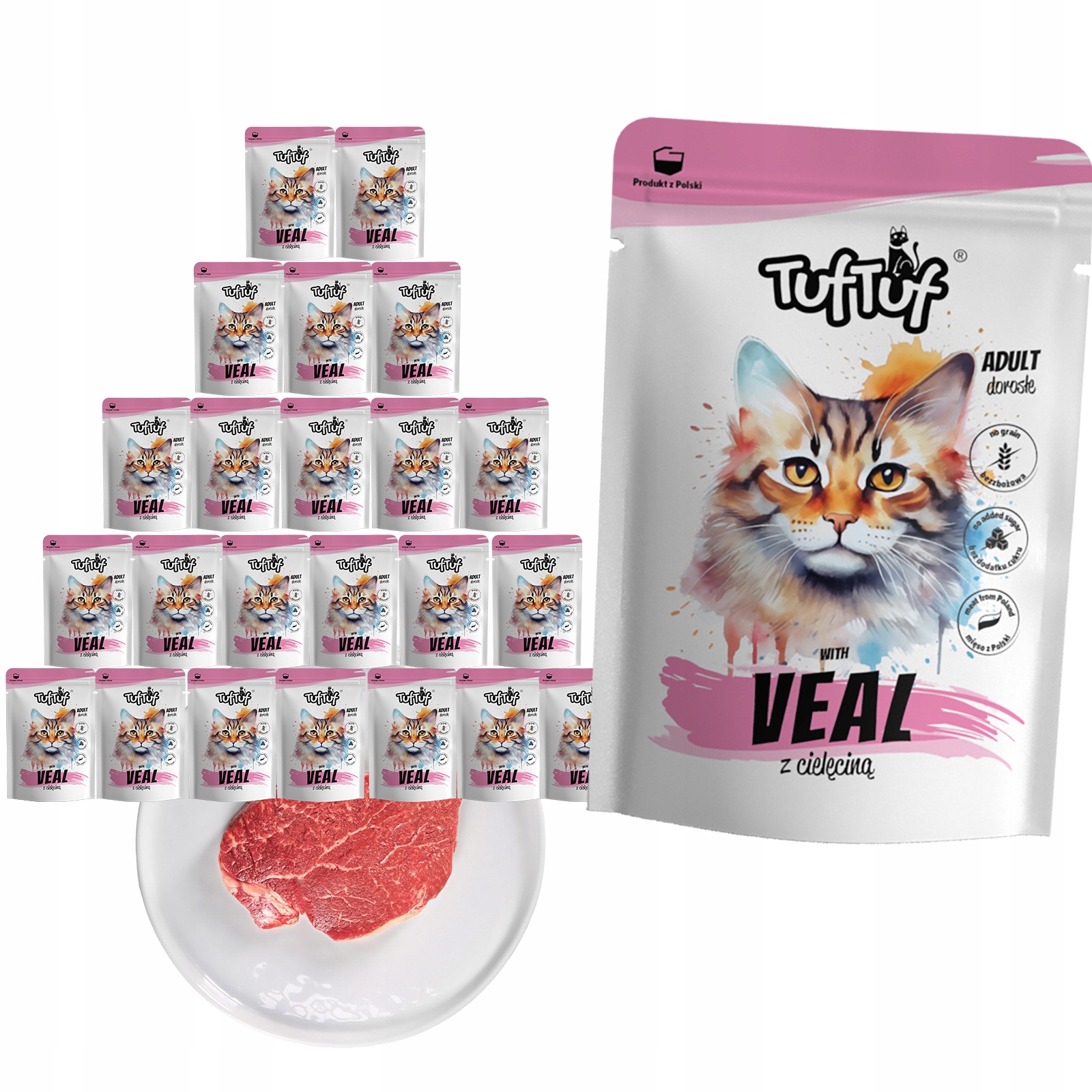 Levně Mokré Krmivo Pro Kočky TufTuf Kapsička mletá s telecím masem Set 24x300g