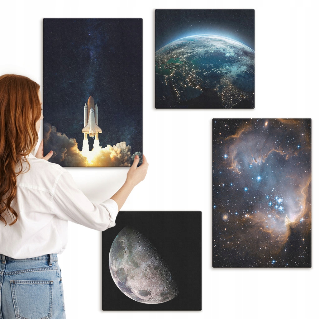 Sada obrazov do spálne Komplet Vesmír Zem raketa galaxia 4 kusy