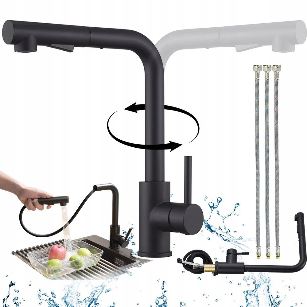 Dřezová Baterie Výsuvná Černá SUS304 Hadice 600 MM G3/8 Kuchyně