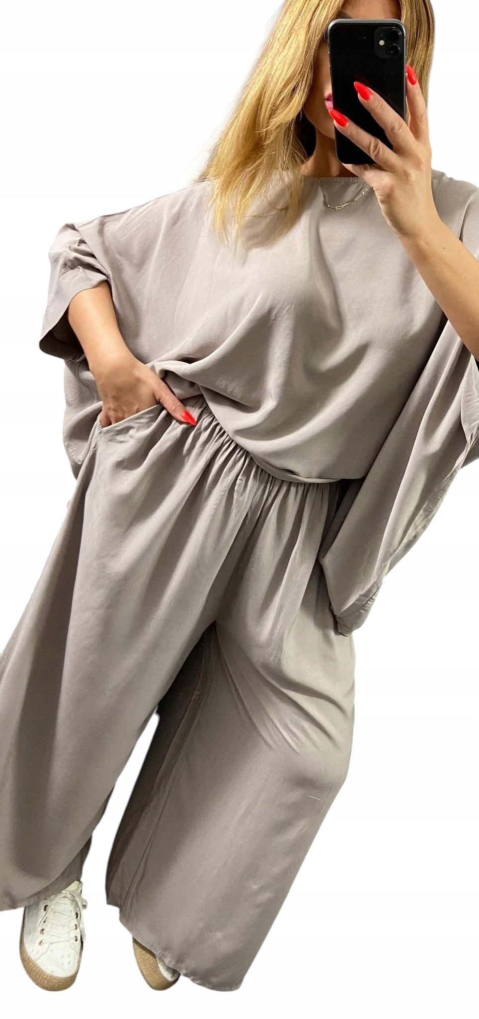 Z0006 Dvoudílný Komplet S Kalhotami Oversize Béžový vel. 52 (6XL)