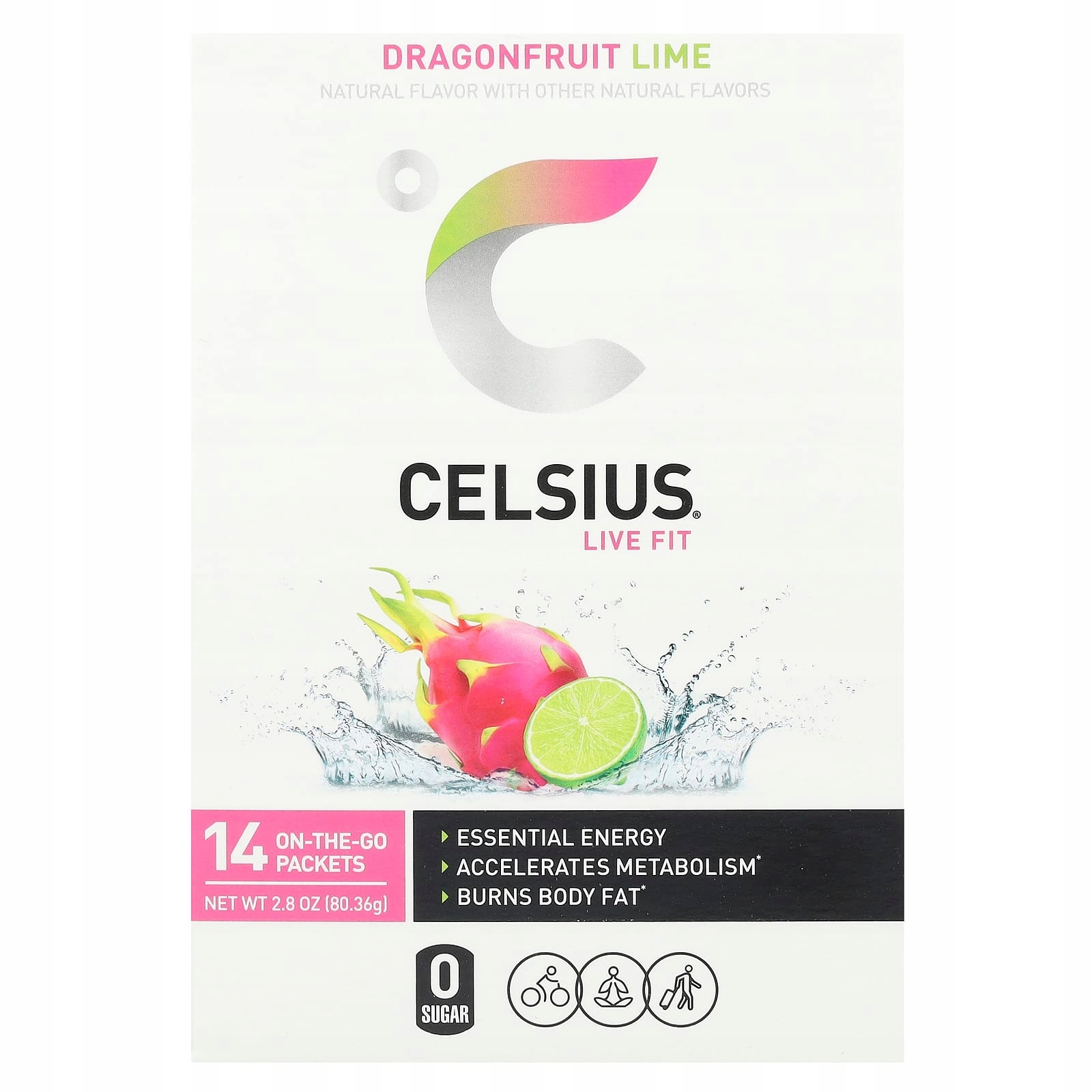 Celsius, Live Fit, dračí limetka, 14 sáčků On-The-Go, 5,74 g každý