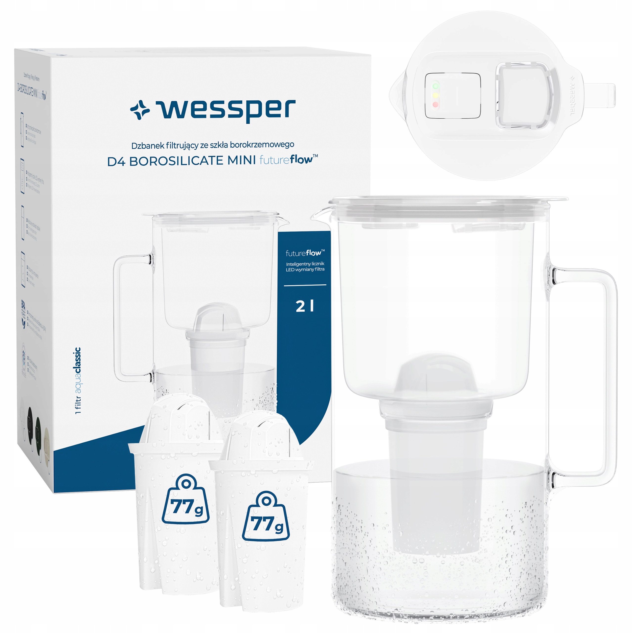 Dzbanek filtrujący szklany Wessper D4 Borosilicate Mini licznik 3x filtr