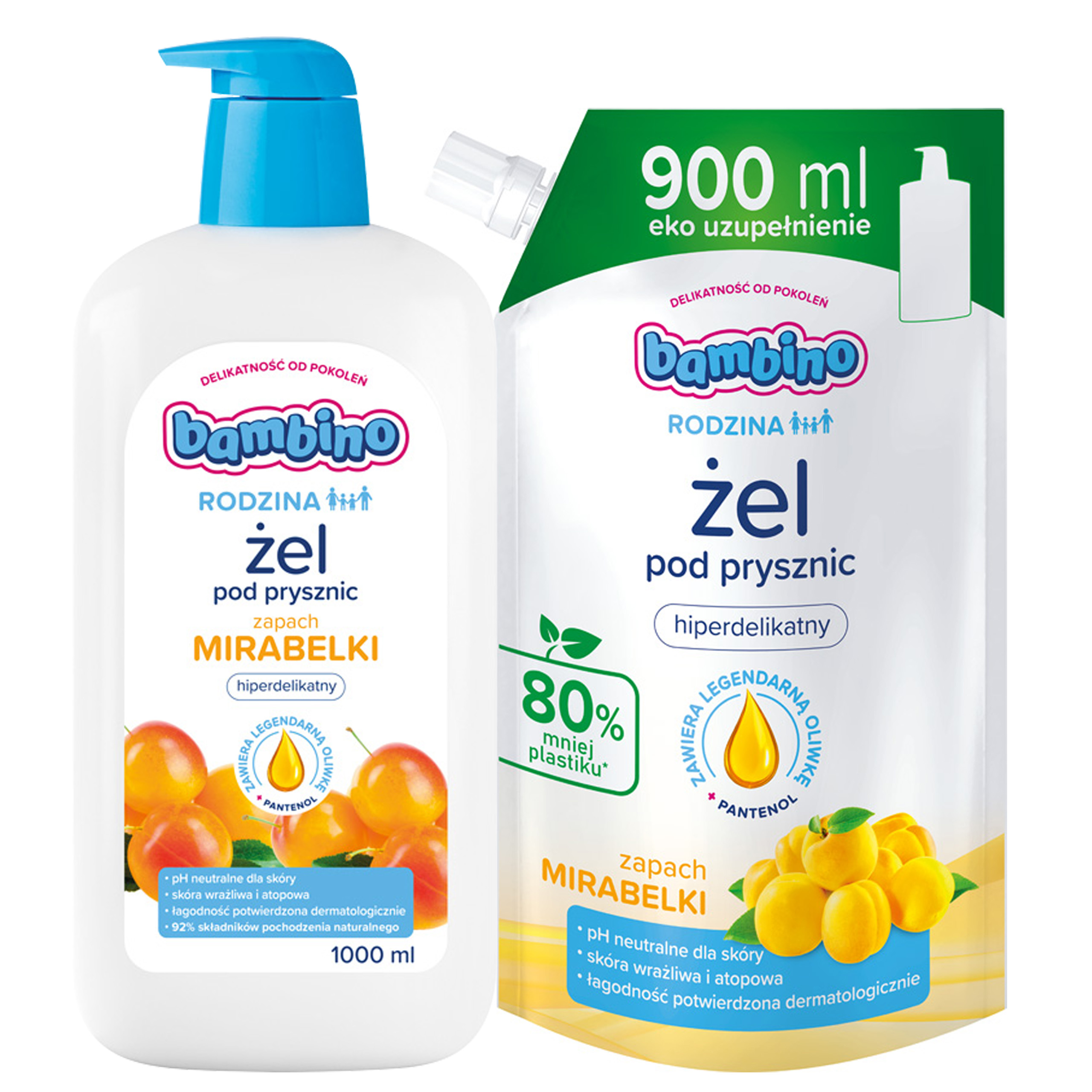 Żel Mirabelka pod prysznic BAMBINO RODZINA 1000ml + uzupełnienie 900ml