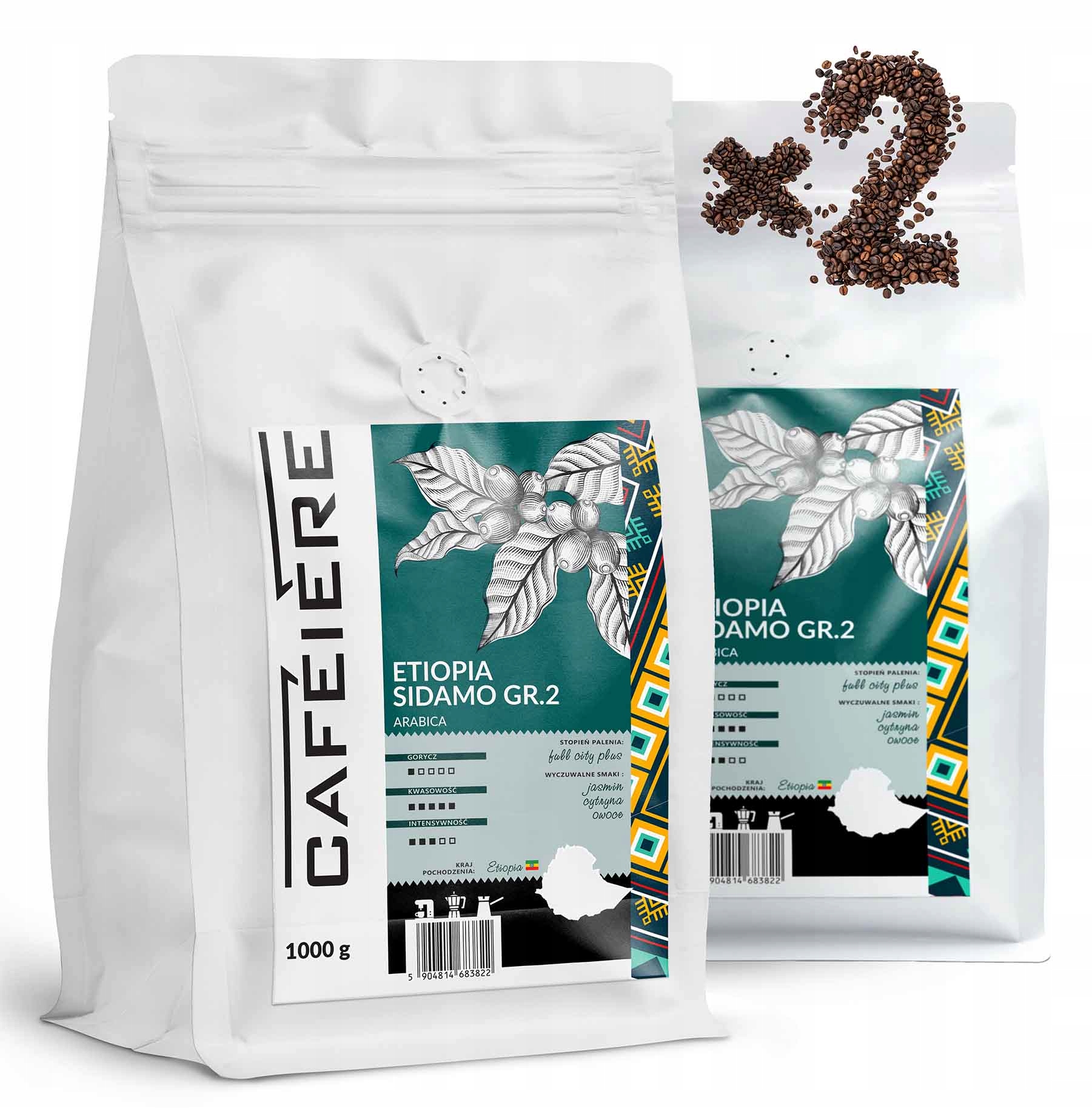 Levně Káva zrnková Etiopia Sidamo 1kg x2 Čerstvě pražená Arabica 100% Cafeiere