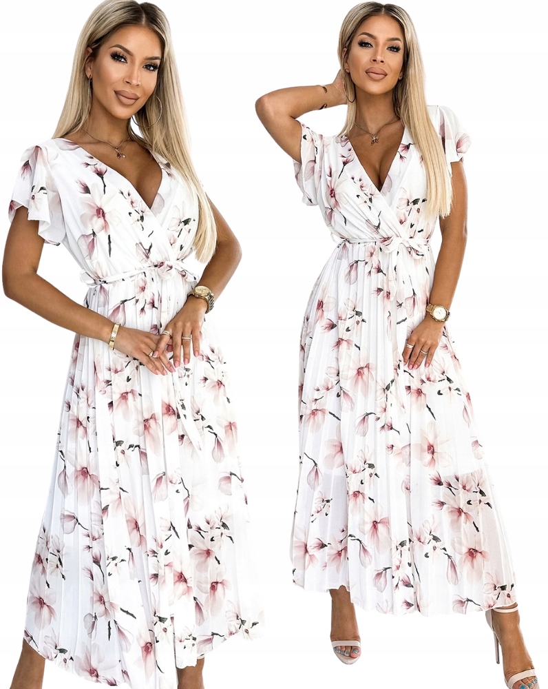 Sukienka Damska elegancja Długa Plisowana biała w kwiaty Polski Produkt