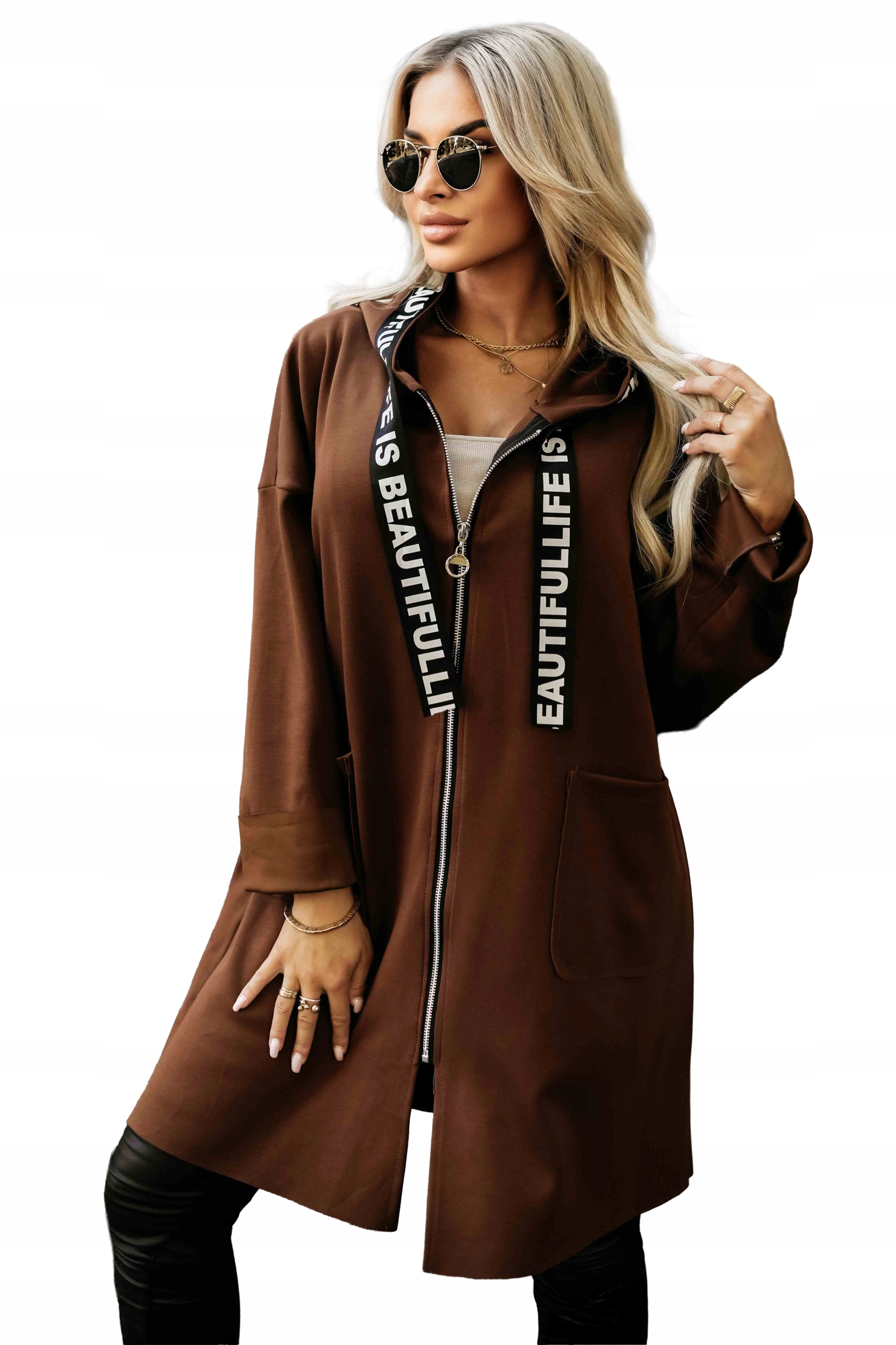 Čokoládový neformální Kabátek s kapsami a kapucí