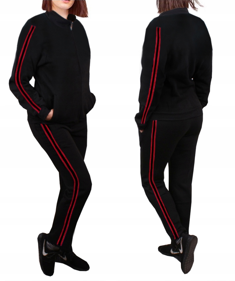 Ciepły Damski dres z lampasami Dresy stójka 954 czarny L/XL