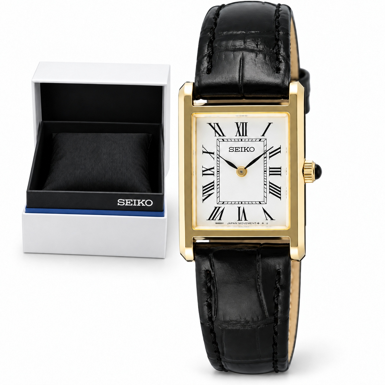 Dámské Hodinky Seiko SWR108P1 Safír Zlatý Klasický Elegantní Pásek Kostka