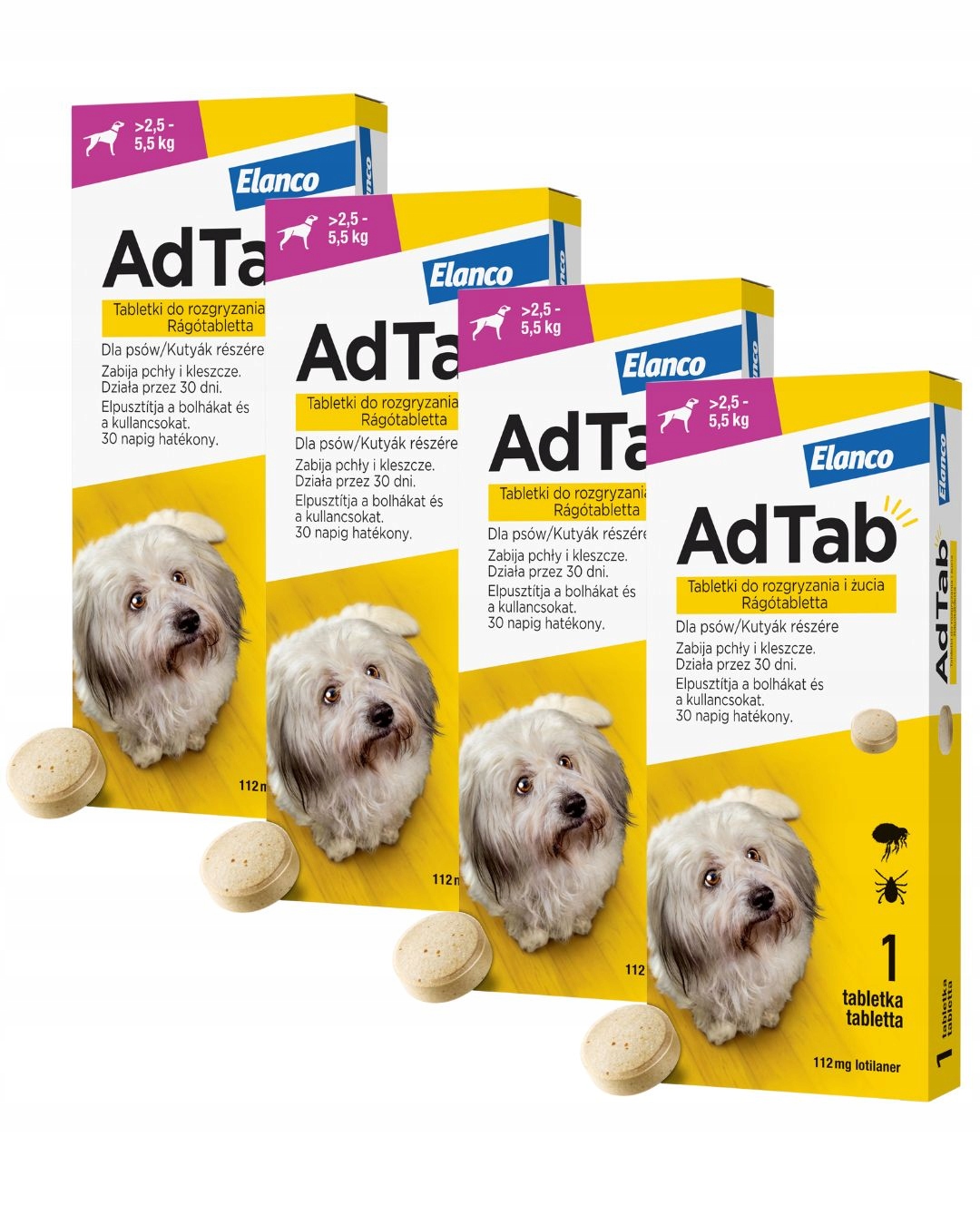 Adtab Dog tabletka na pchły i kleszcze dla psa 2,5-5,5 kg 112,5 mg 4x1 tab.