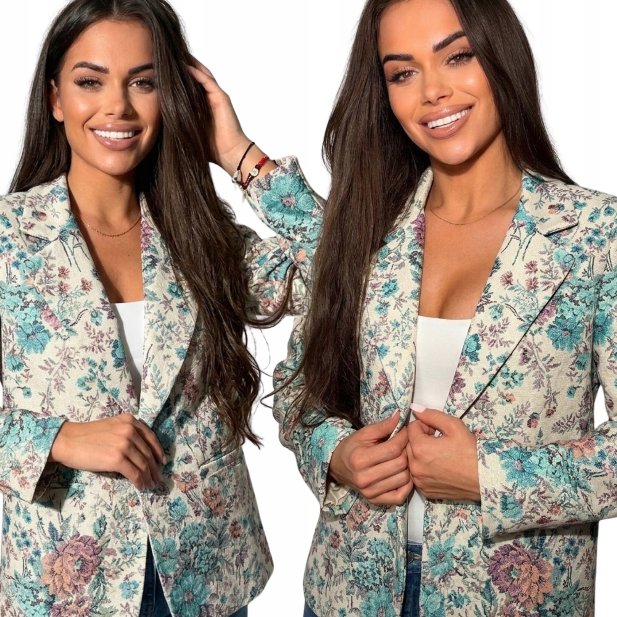 Marynarka Damska Żakiet Kobiecy Kwiaty Klasyk Wiosna Turkus S M L XL 3116