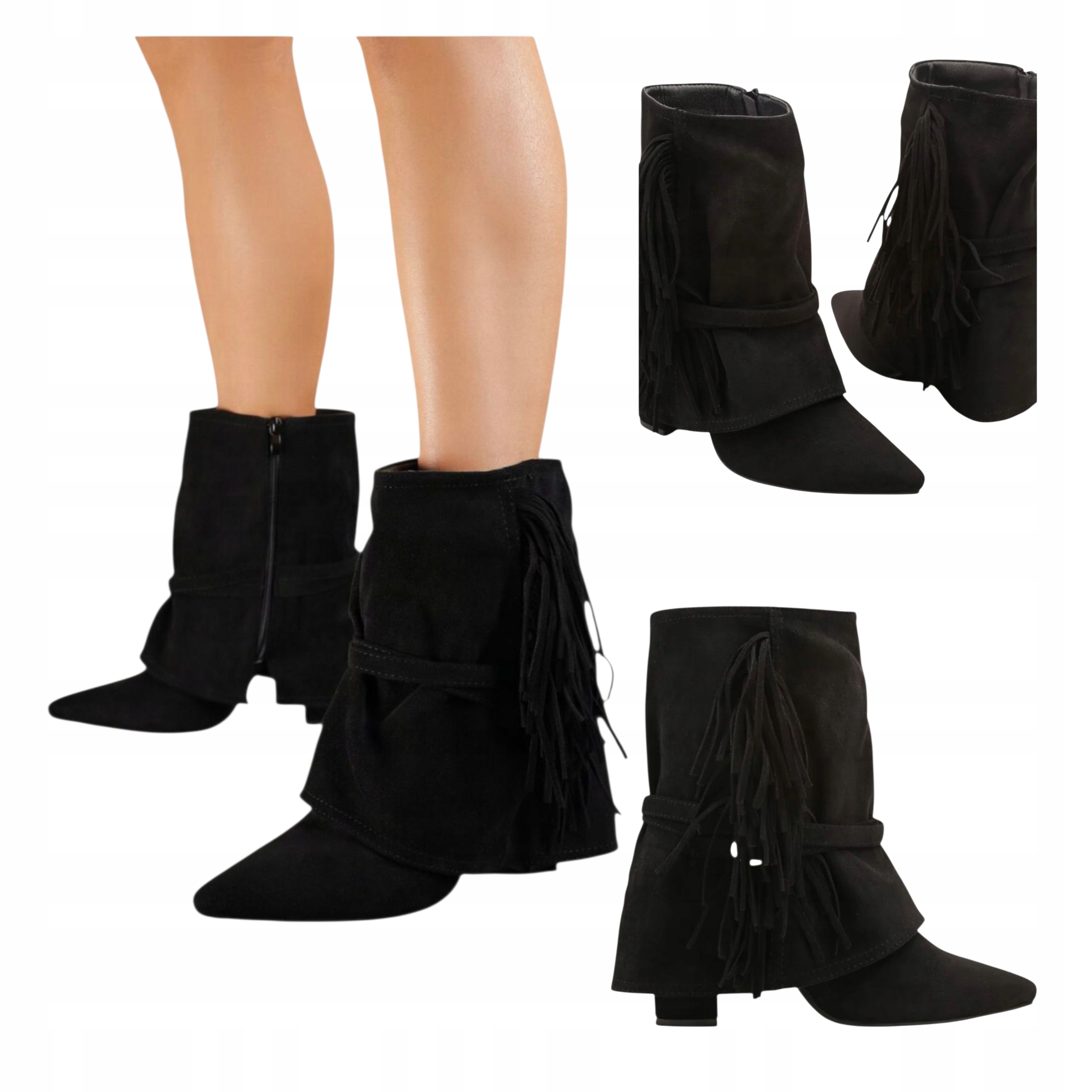 Dámské Kotníkové Boty Boho na podpatku Kovbojské Boty Kožené s třásněmi Semiš Černé 39