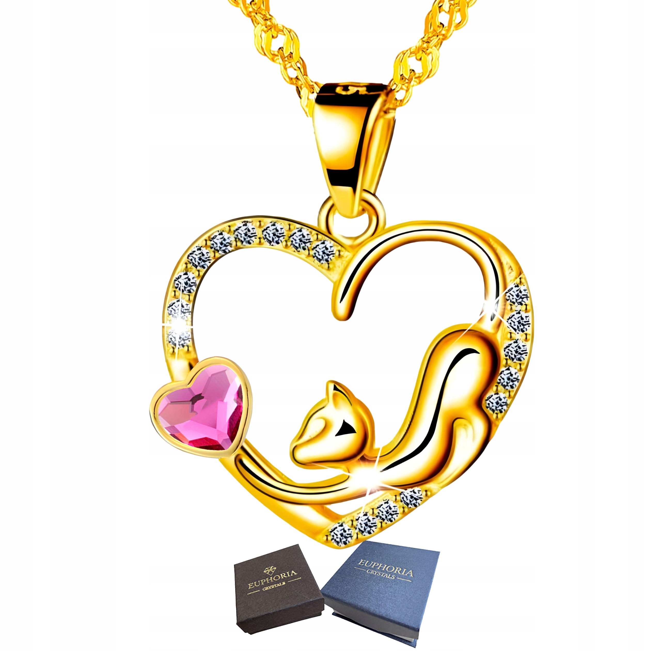 Zlatý náhrdelník Stříbro 925 Srdce s kočkou Zirkony jako Dárek k výročí