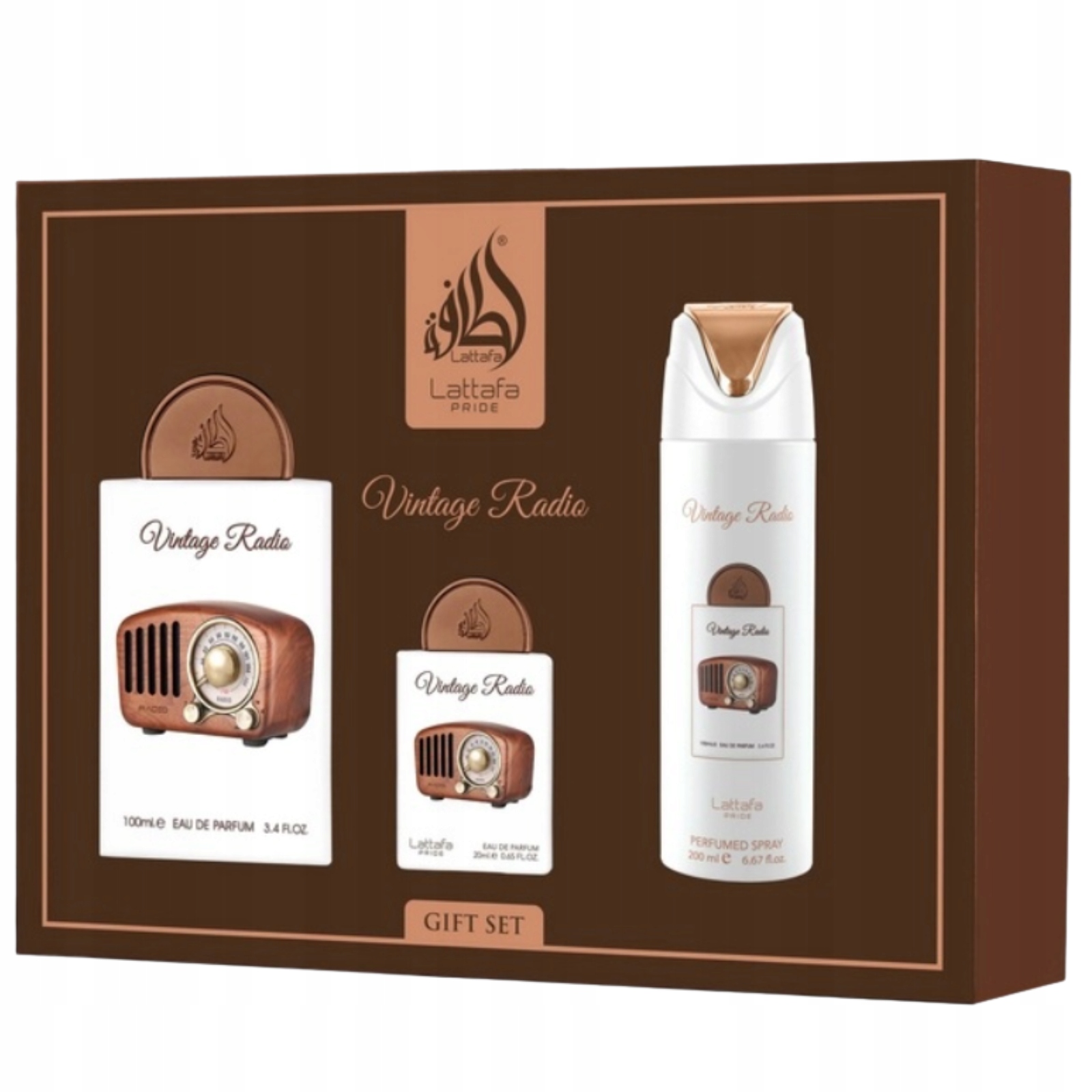 Lattafa Pride Vintage Radio zestaw Edp perfumy 100ml+20ml+dezodorant 200ml