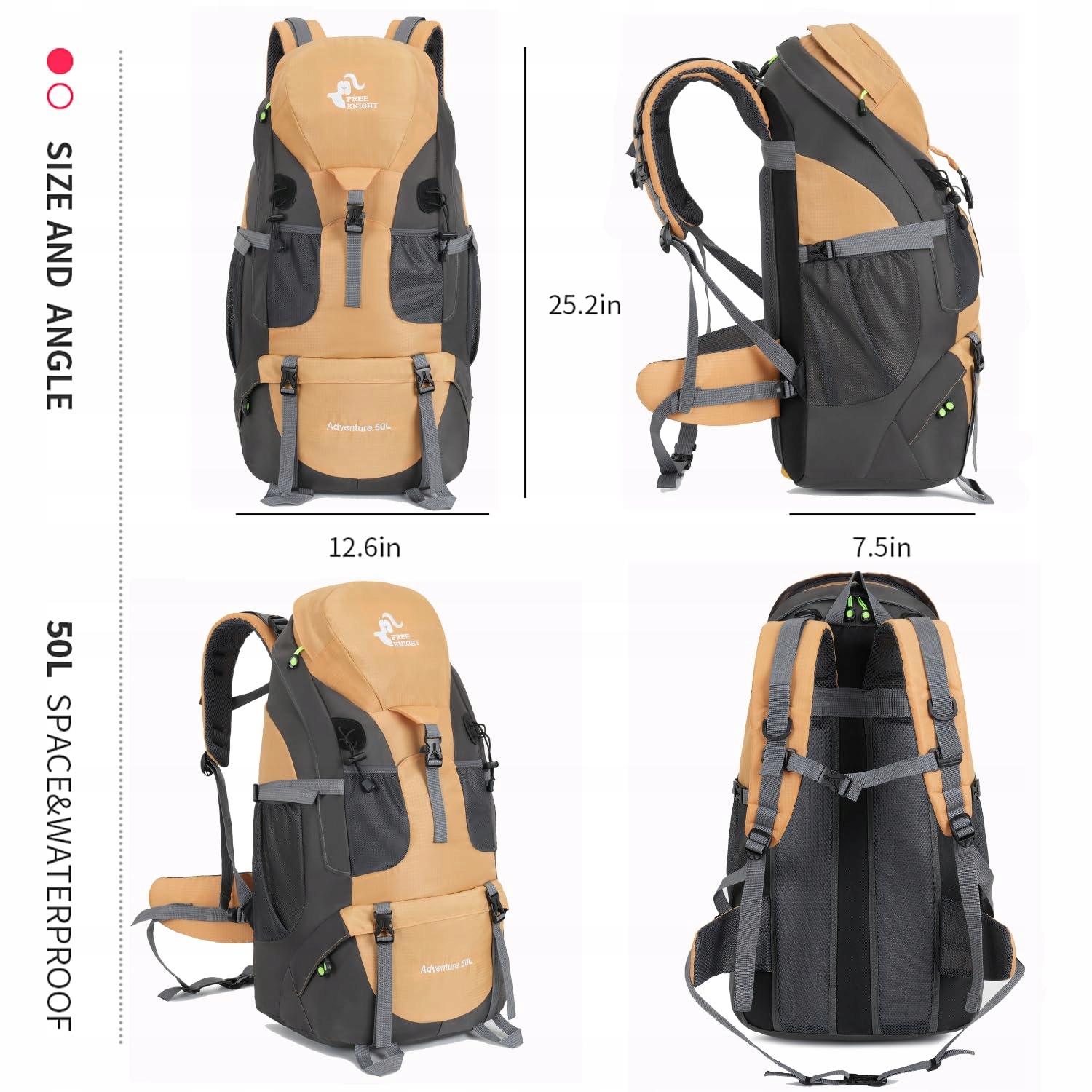 Bseash 50L Lekki Wodoodporny Plecak Turystyczny, Outdoor GOLD — miniatura 2