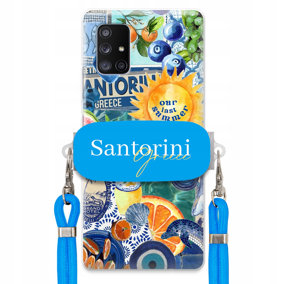 Puzdro pre Samsung A71 5G Modré Crossbody vodítko držiak Santorini Greece