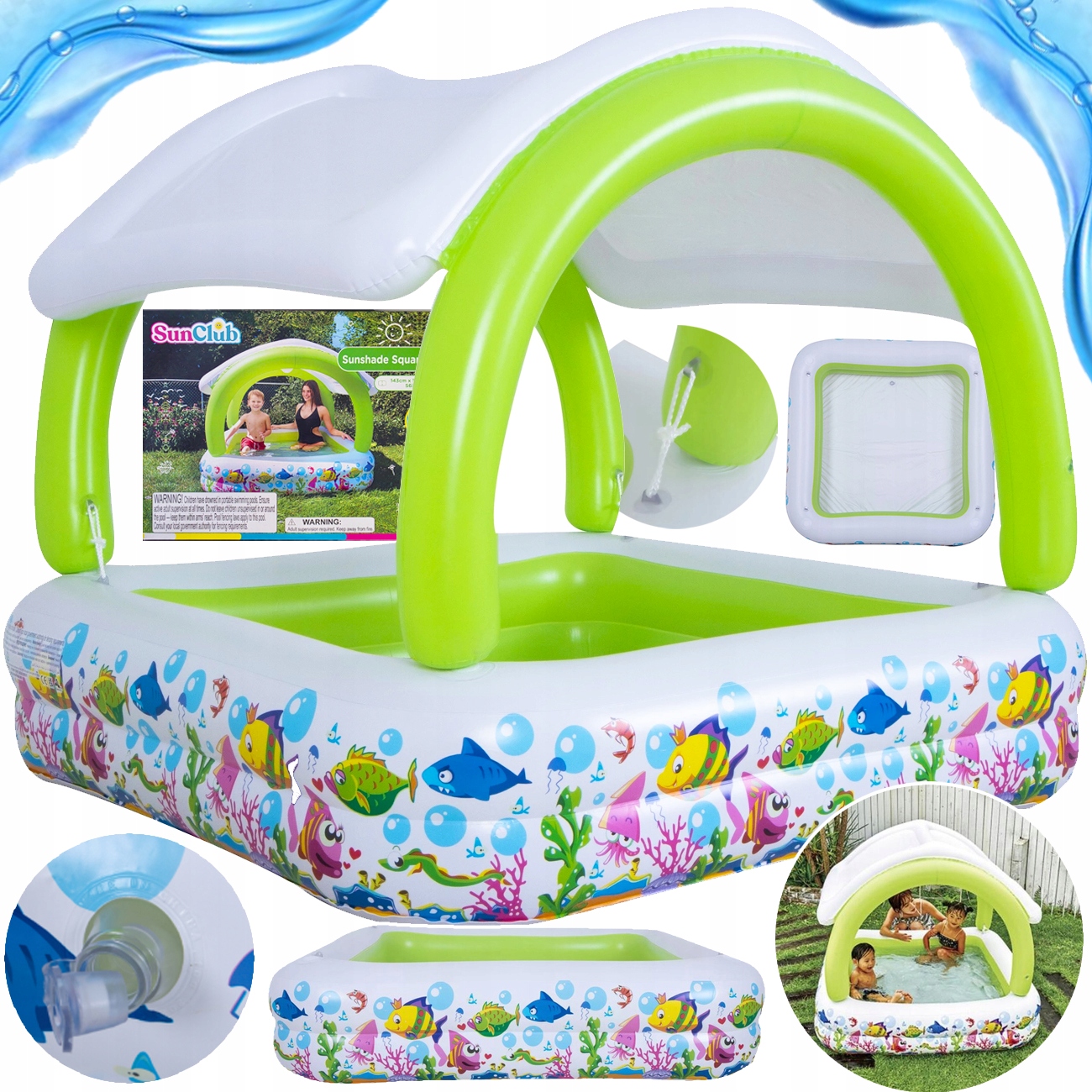 Basen Ogrodowy Dla Dzieci Z Daszkiem Dmuchany Rybki Kwadratowy 143X143X123