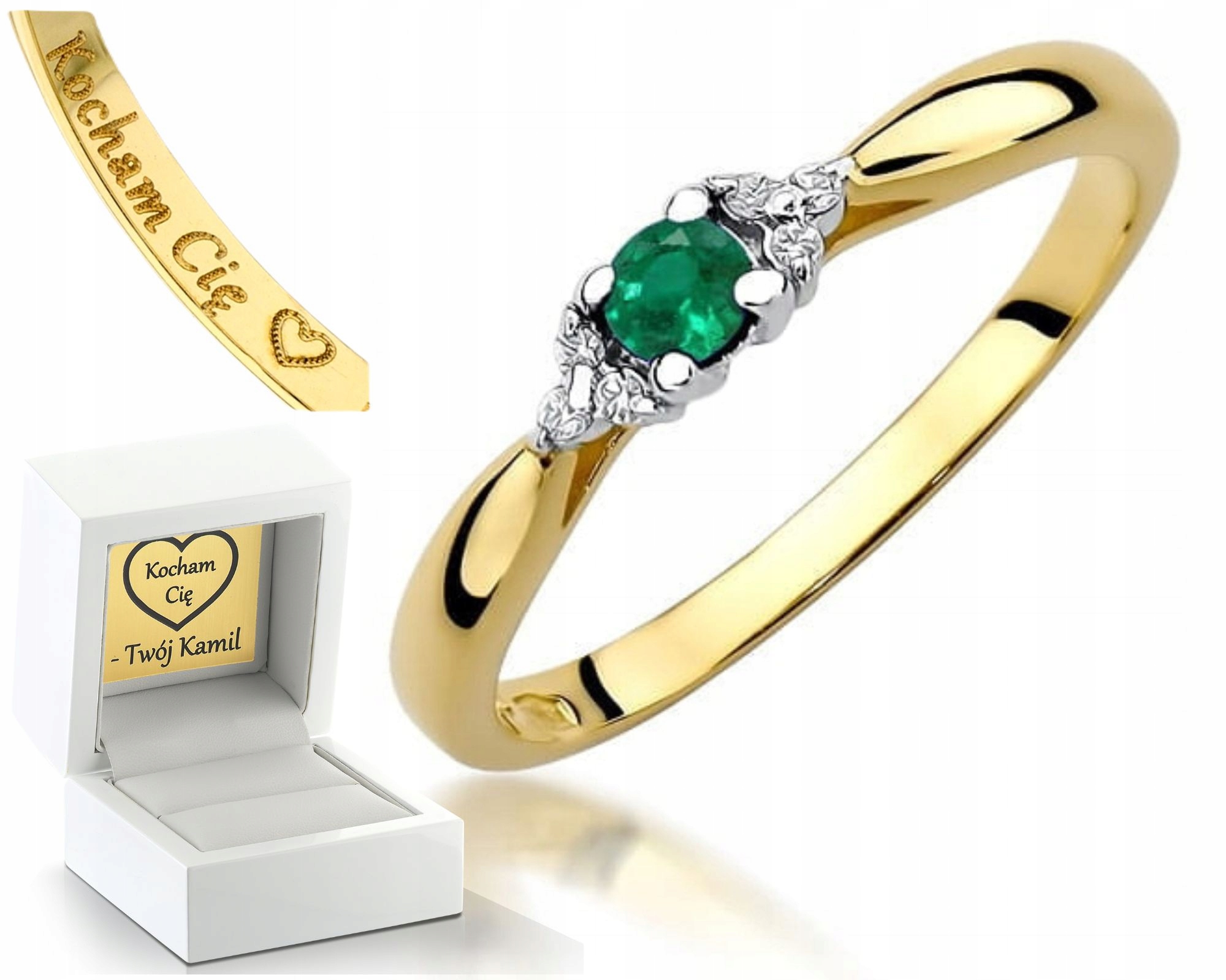 Zlatý Prstýnek S Brilianty A Přírodním Kamenem, Zelený Smaragd