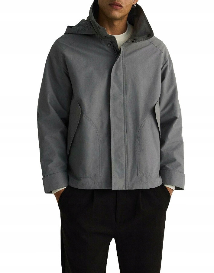 Szara Gładka Kurtka Z Kapturem Prosta Długi Rękaw Kieszenie Klasyczna L