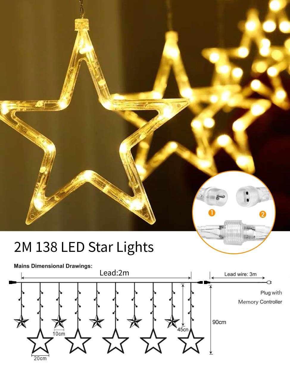 QUNTIS Kurtyna Świetlna 138 LED 2m 12 Gwiazd Ciepła Biała IP44 — miniatura 3