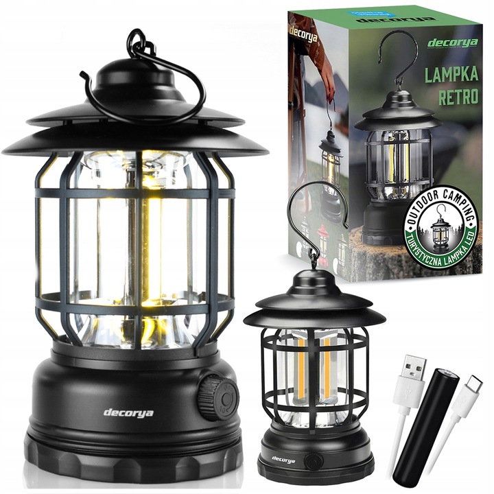 AKUMULATORA LAMPKA LED RETRO OGRODOWA NA TARAS BALKON DO POWIESZENIA Kod producenta DecCampRetro01_bk