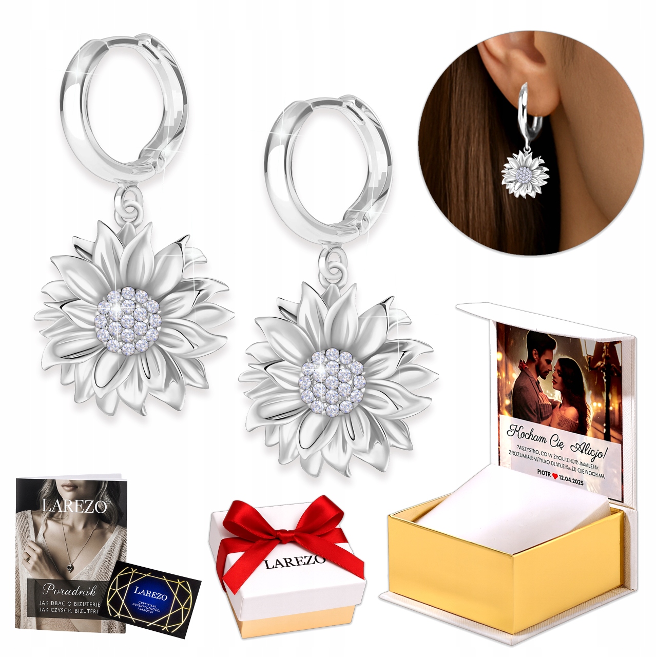 Stříbrné Náušnice 925 Slunečnice s Zirkony Visací Kruhy Květiny Kytičky