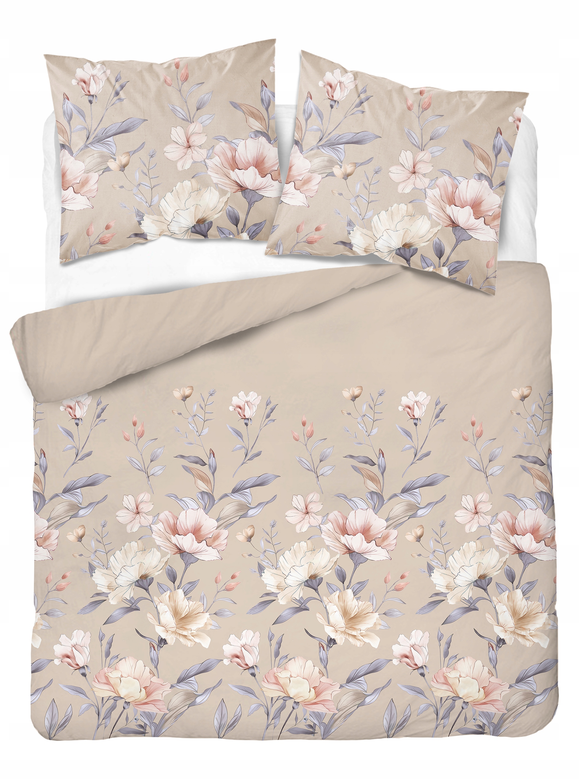 pościel flanela 160x200 bawełna Detexpol beżowa w kwiaty 5636A