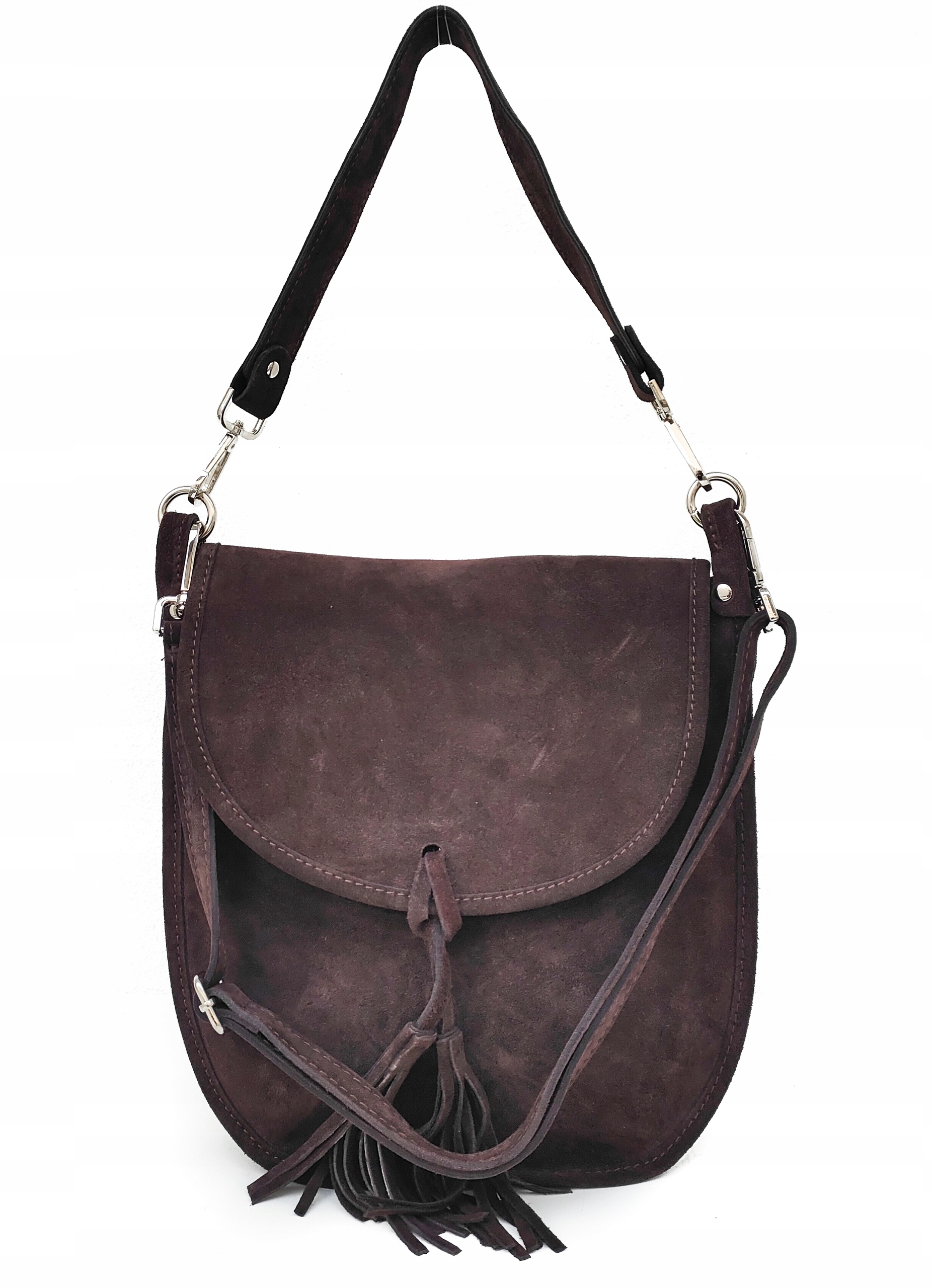 Semišová kabelka přes rameno čokoládová taška se střapcem vera pelle