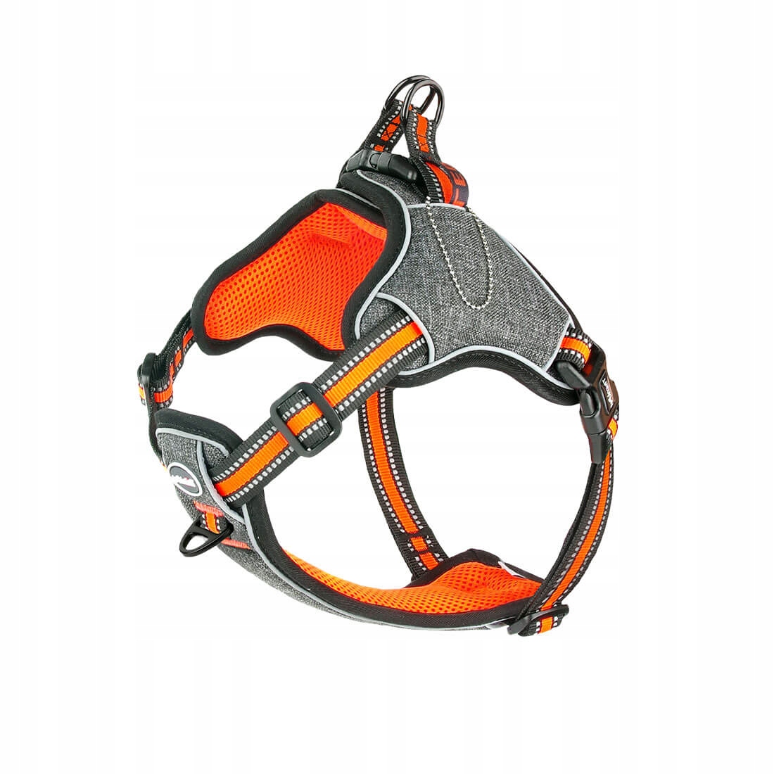 Levně Postroj pro psa, postroj oranžovo-šedý, prodyšný, reflexní, velikost L