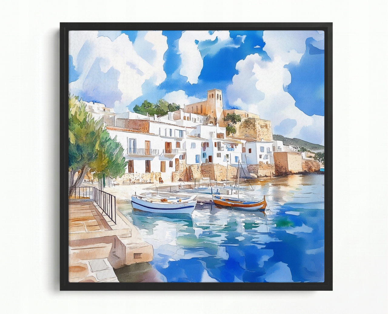 Obraz Rám American Box Španělsko Ibiza Městečko Přístav Lodě Moře 50x50