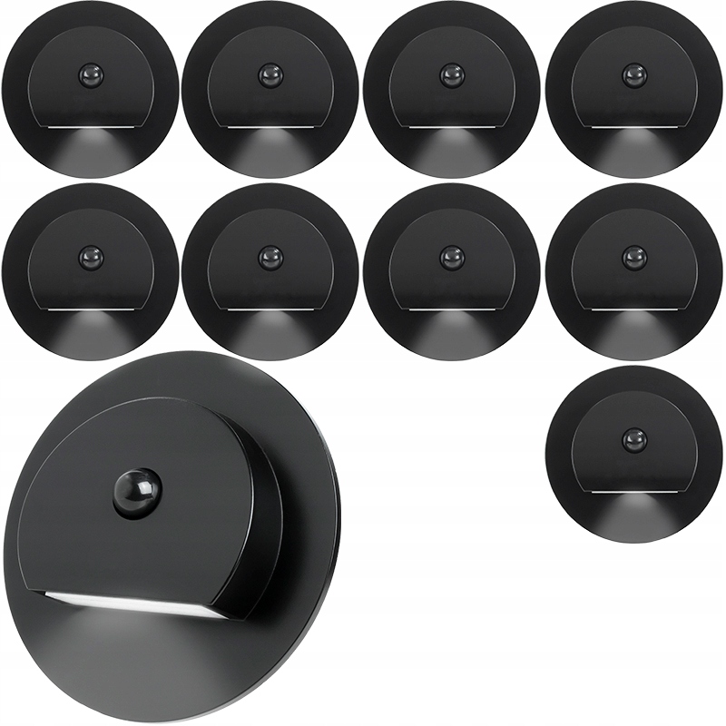 9x Czarna Okrągła Oprawa Led Schodowa Z Czujnikiem Ruchu 230V Puszka fi60