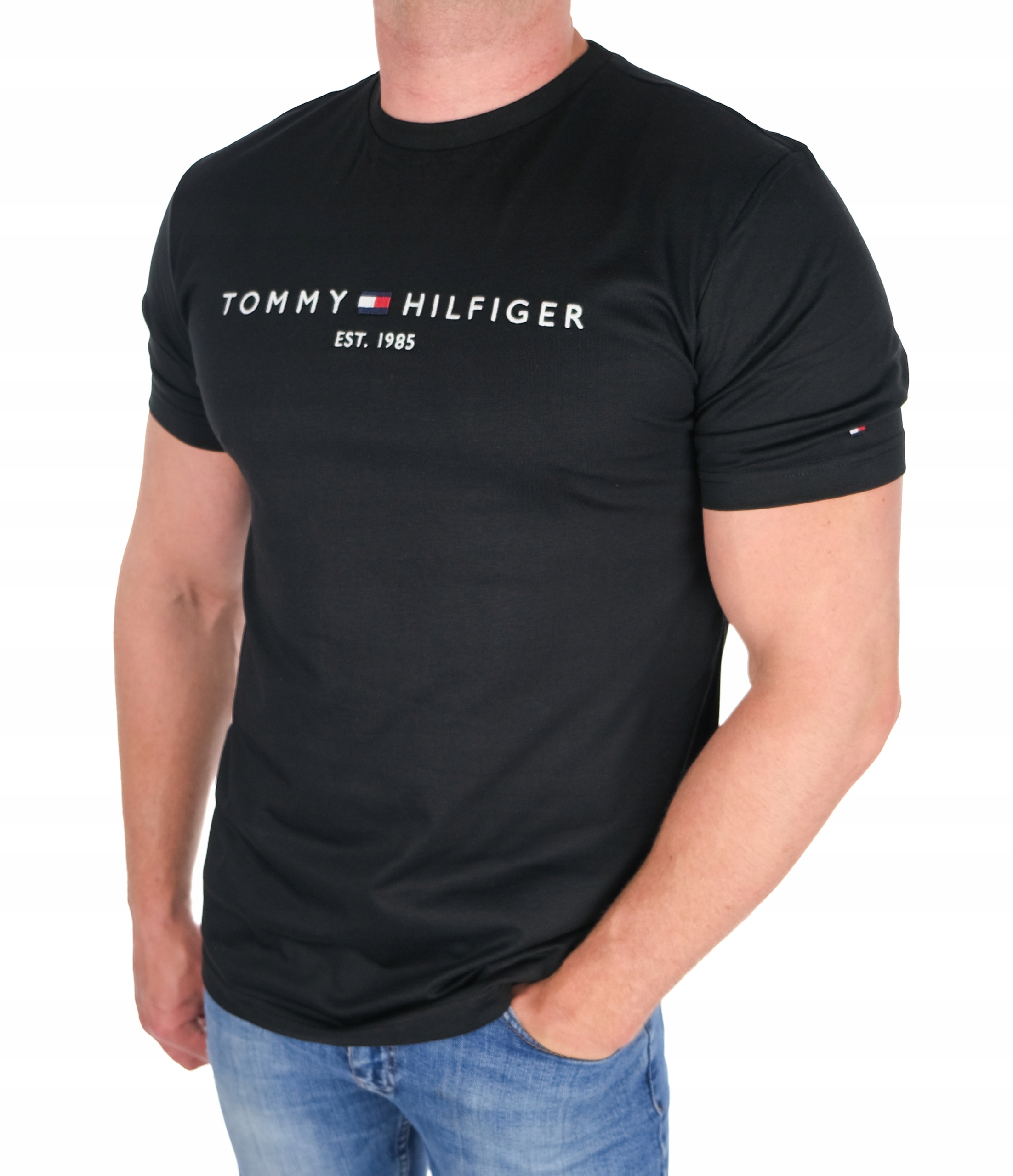 Koszulka Tommy Hilfiger Duże Logo Męska T-shirt Slim Fit Czarna Roz. XL