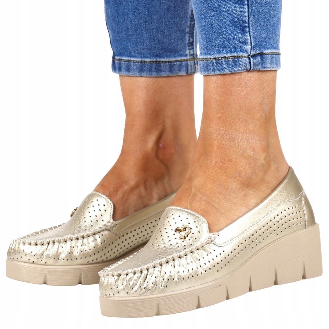 Dámské Mokasíny Polobotky Na Klínku Kožené Ažurové Zlaté Nazouvací 40