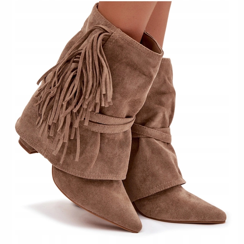 Dámské Kotníkové Boty Eko Semiš Střapce Zlaté Spony Pásky Sloupek Béžové 39