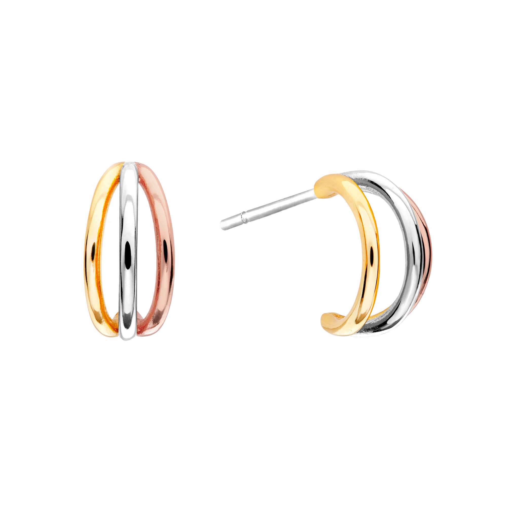 Kolczyki Srebrne Sztyfty Trójkolorowe Półkola 1 cm Pozłacane 925 Sadva