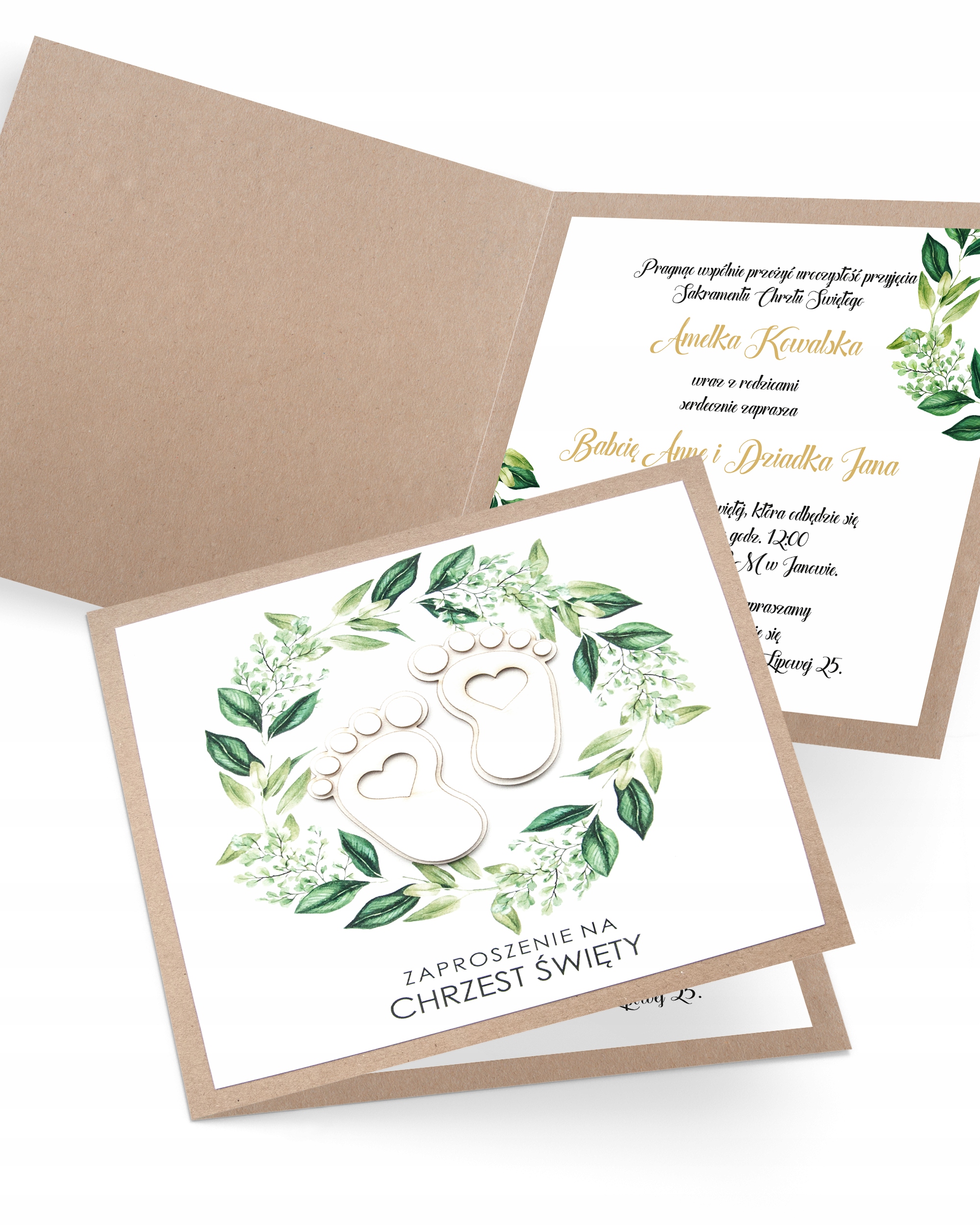 Zaproszenie na chrzest personalizowane „Flower Green Feet Eko”