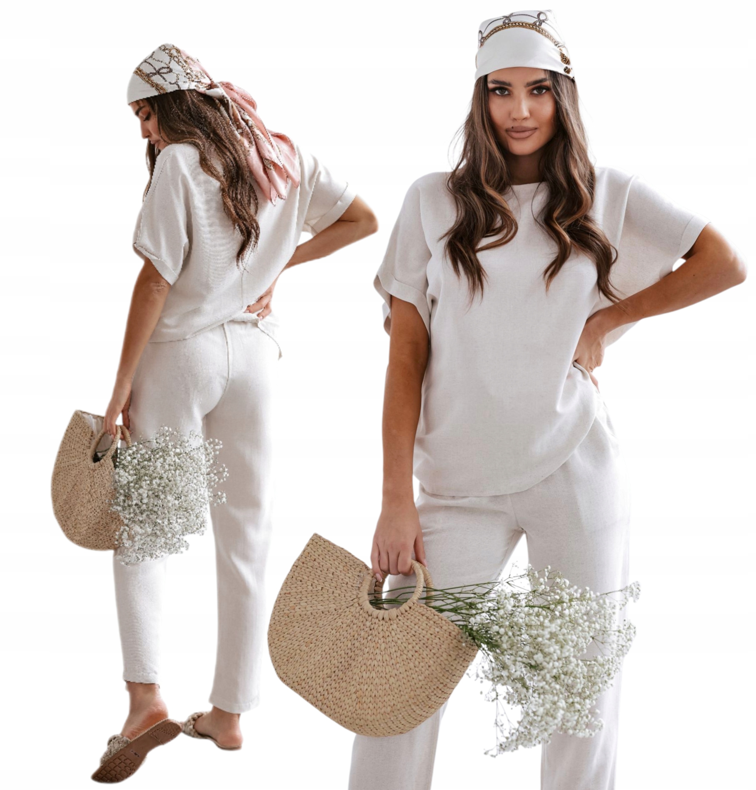 Dámský Prodyšný Lněný Komplet S Krátkým Rukávem A Kalhotami