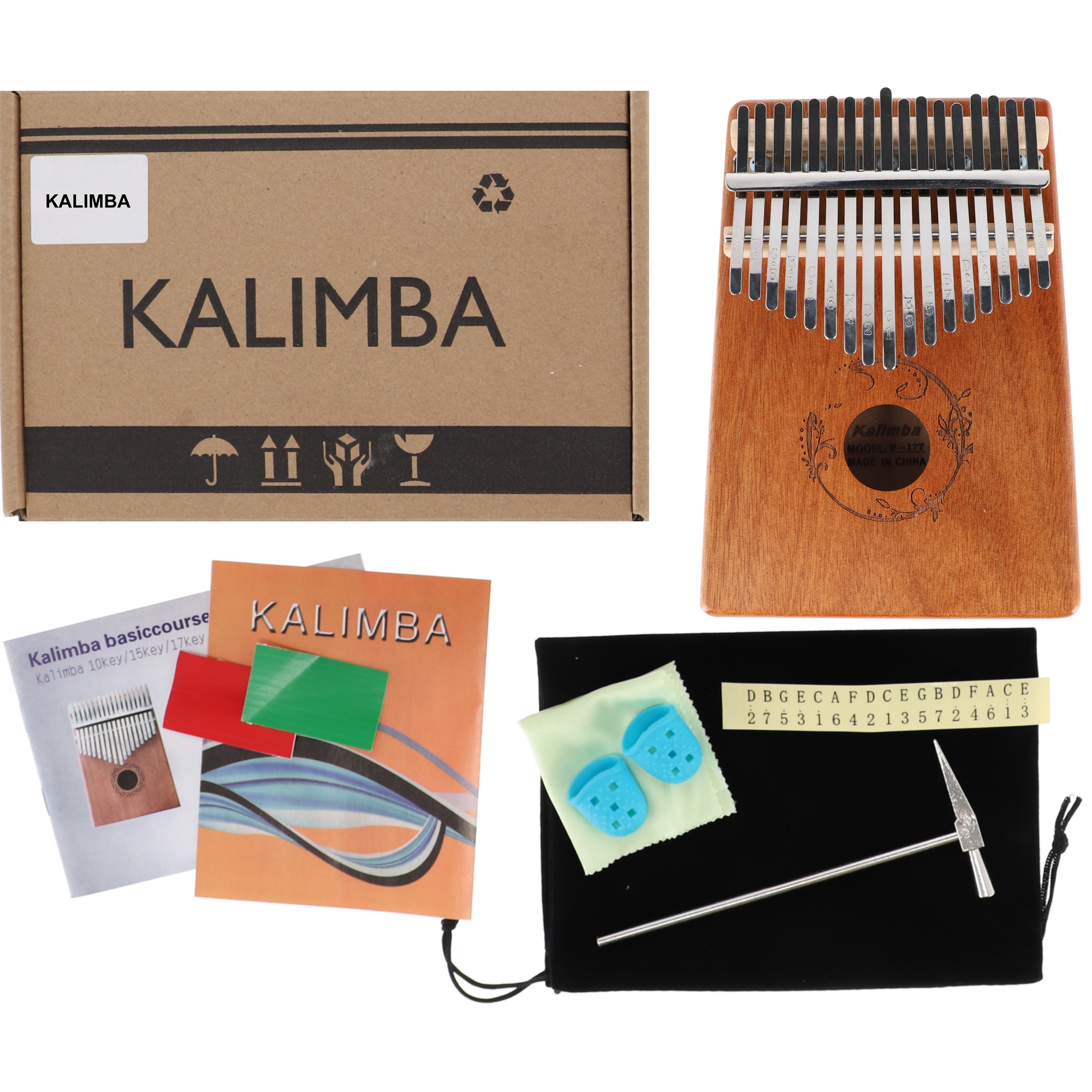 Kalimba zazna pianino 17 klawiszy Mahoń etui akcesoria W-17T-2 brązowa