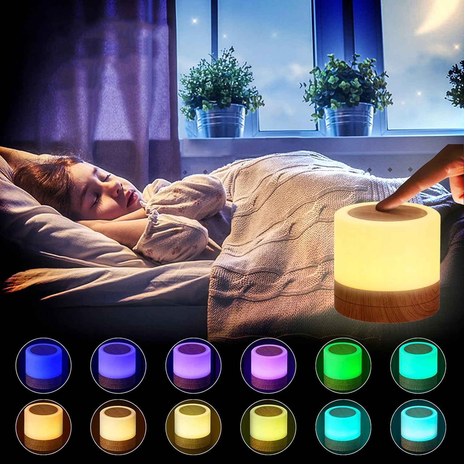 LAMPKA NOCNA LED Z PILOTEM, ŚCIEMNIANA, 7 KOLORÓW, ŁADOWANA PRZEZ USB Kolor dominujący biały