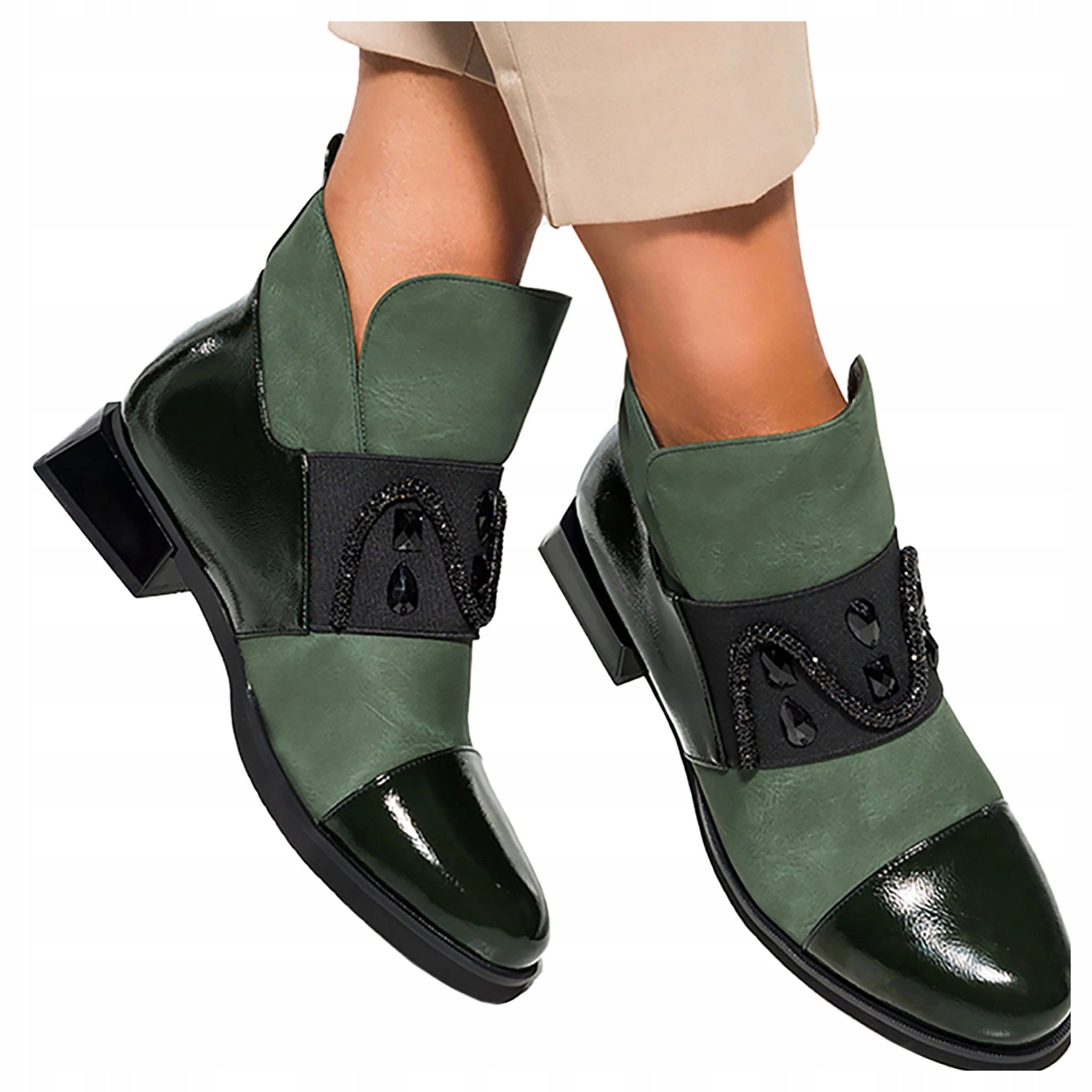 Dámské Kotníkové Boty Zelené Módní Geomatrická Guma S Krystaly, velikost 37