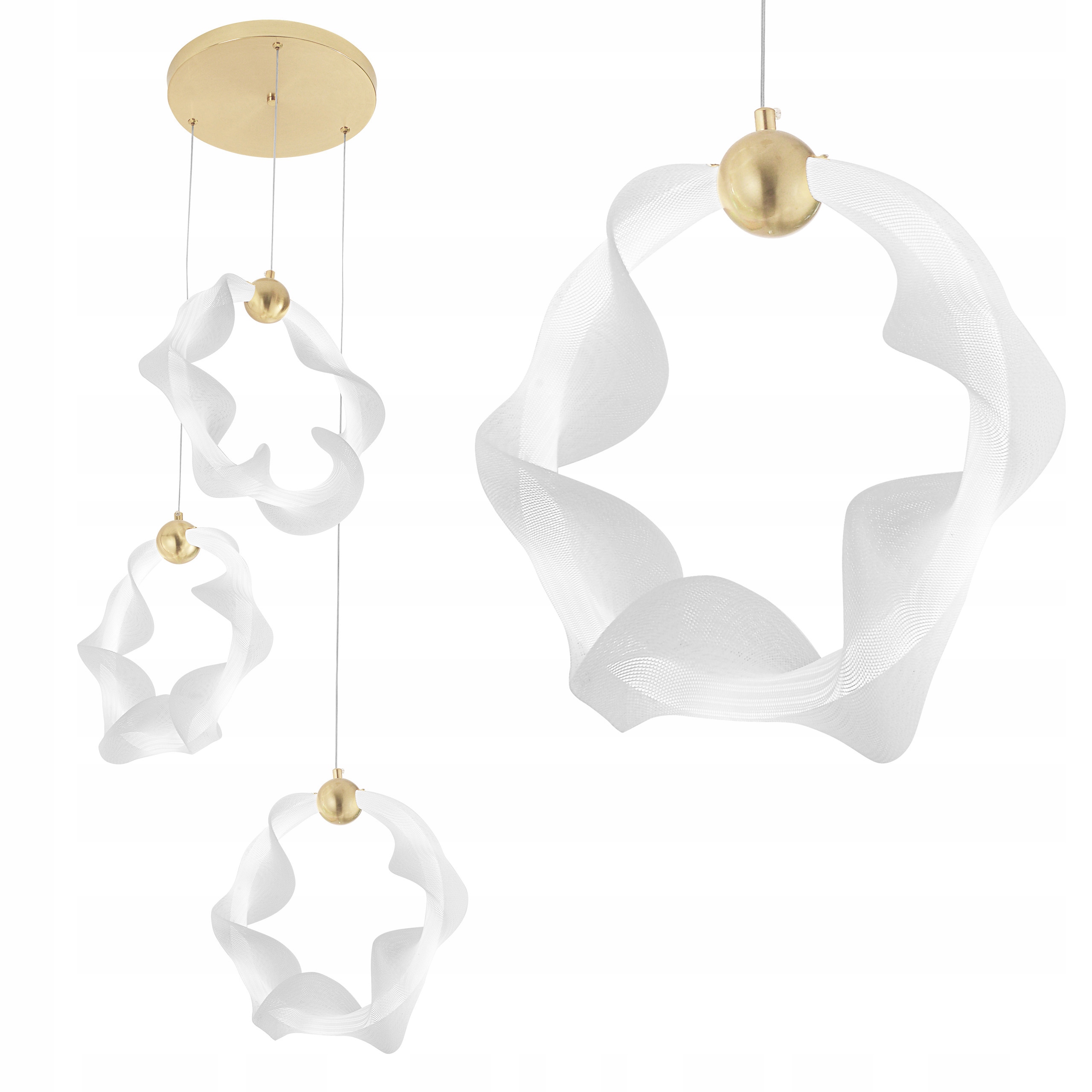 Led závesná lampa 3-bodová, vlnité krúžky, biela, zlatý dizajn
