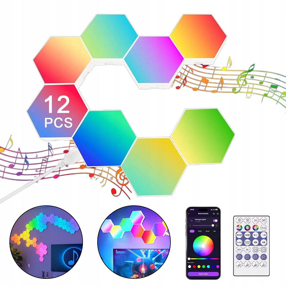 Herní Osvětlení Hexagon 12 Kusů Rgb S Hudbou Aplikace Dálkový Ovladač