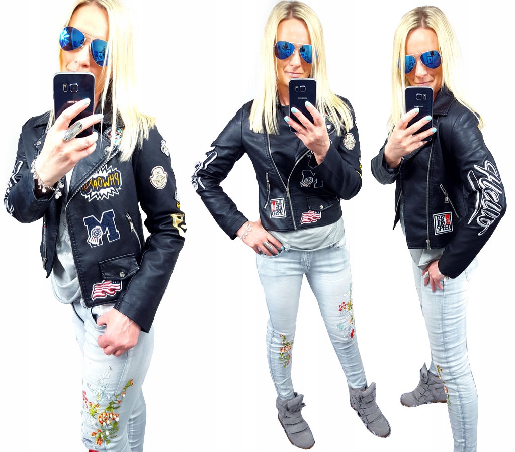 

Kurtka Skóra Ramoneska Moto Biker Haft Naszywki M
