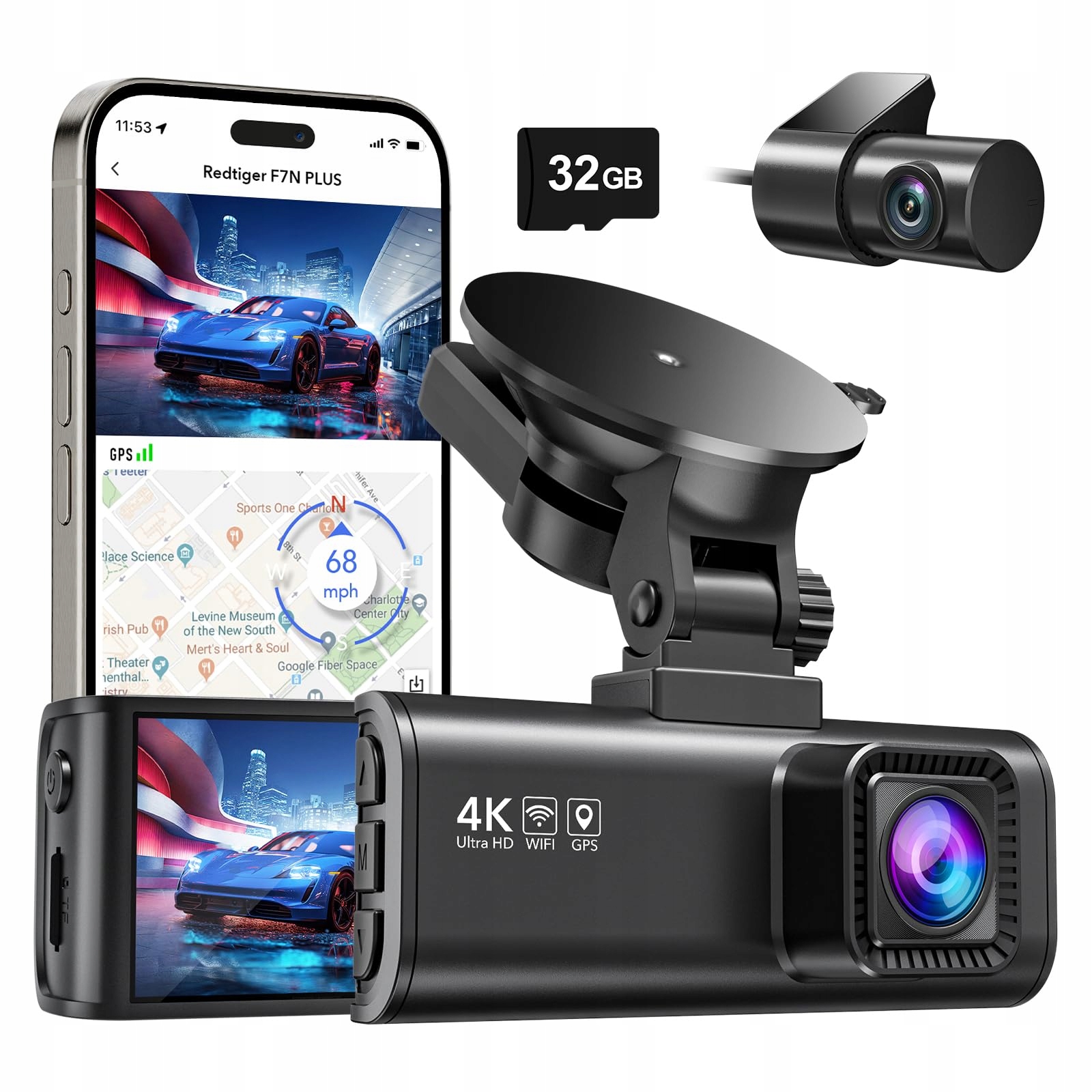 REDTIGER Kamera Samochodowa 4K GPS WiFi Ekran IPS 32GB Karta Nocny Tryb — miniatura 2